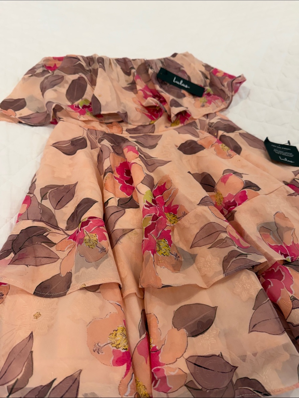 Lulu's Peach Floral Off-Shoulder Ruffle Dress - Picture 4 of 5